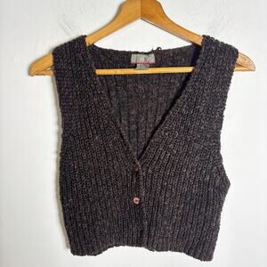 New York Style Cropped Knit Sweater Vest Brown Sleeveless Button Up Size Large